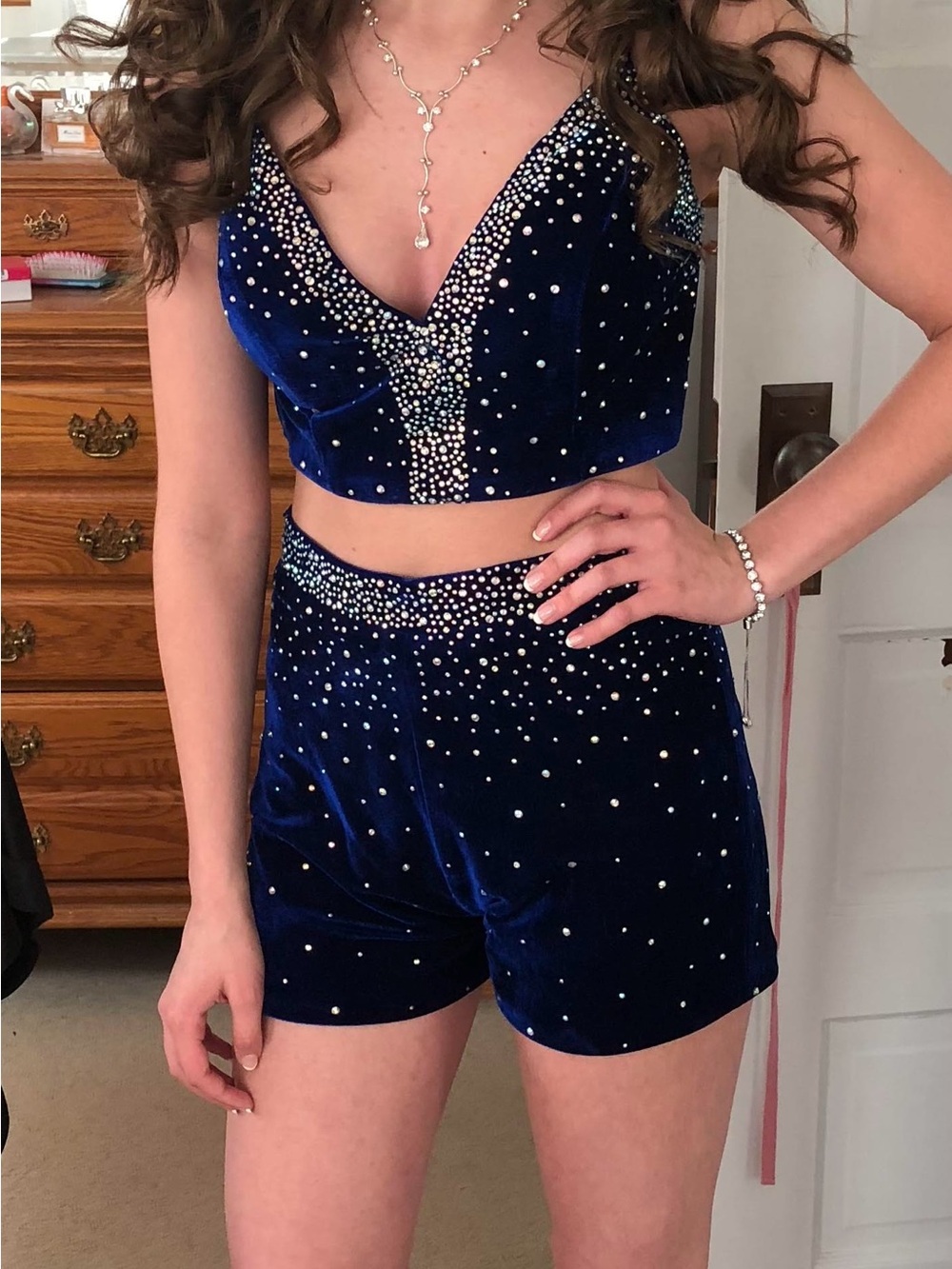 Jovani Navy Blue Velvet High-Waist Embellished Shorts